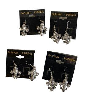 Vintage NOS Lot of 4 Pr Silver Tone Fleur De Lis Wire Earrings Dangle